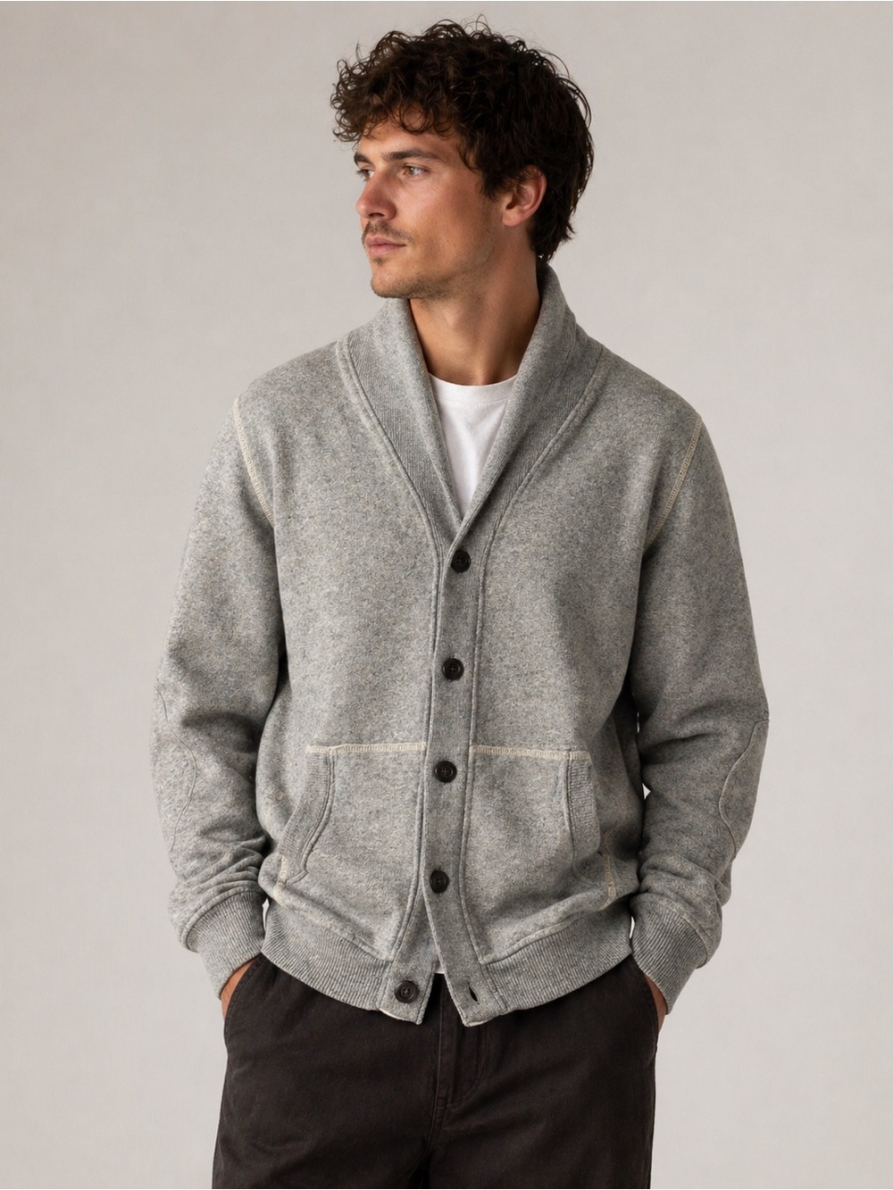 American Eagle Heritage Shawl Collar Cardigan - Gray Fleece with Elbow Patches